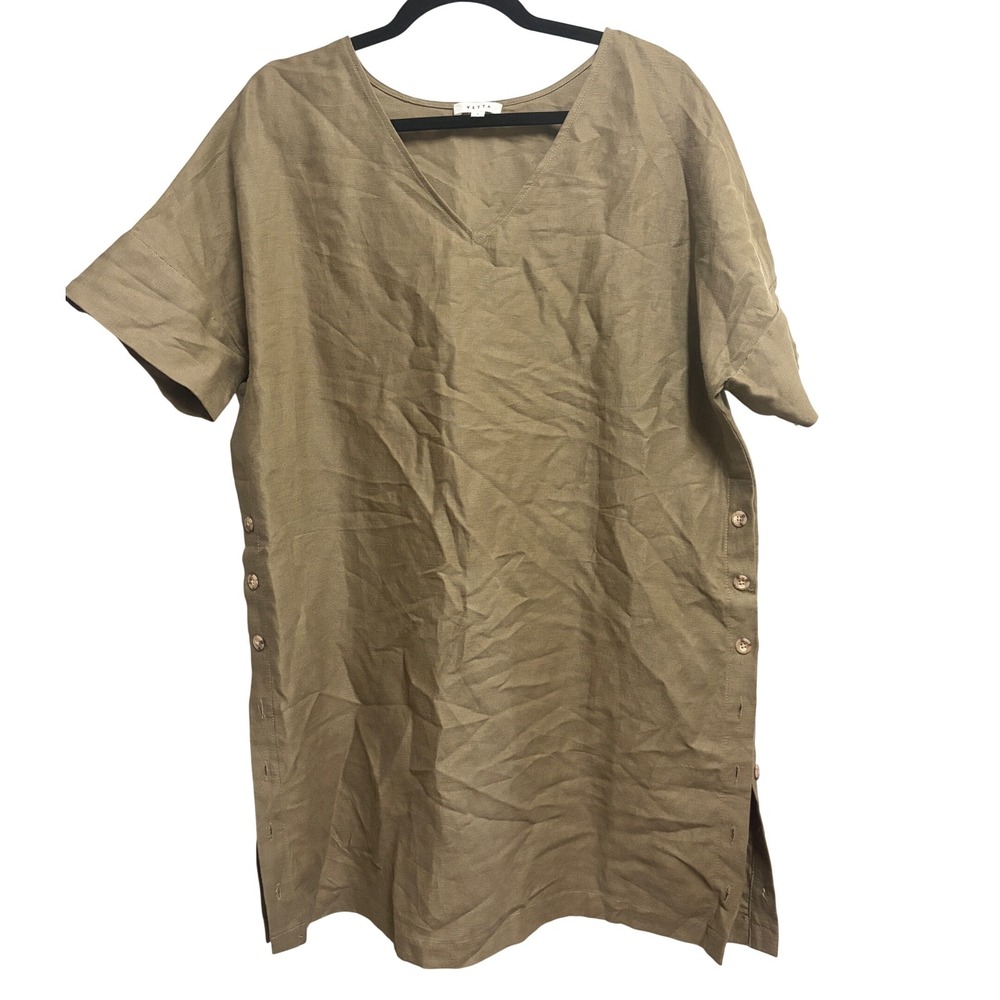 VETTA Relaxed Convertible Tunic Olive Green Linen Side Button Dress S